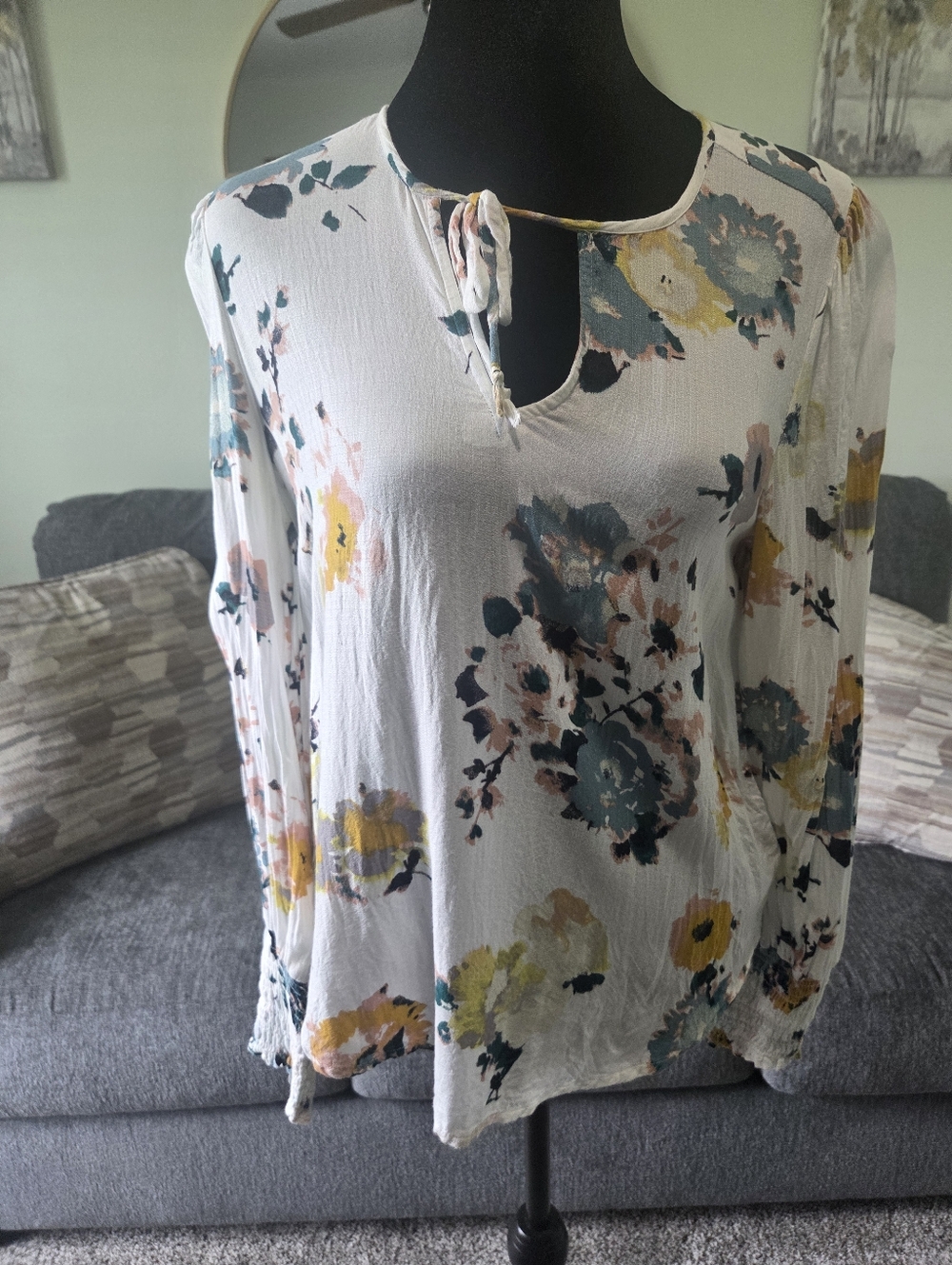 Lucky Brand White Floral Tie-Neck Blouse with Teal & Mustard Accents